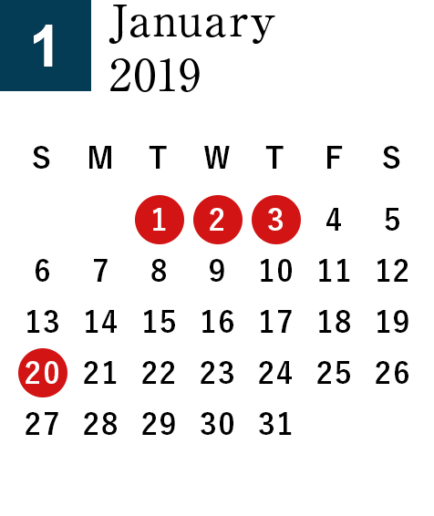 January 2019 Business day calendar