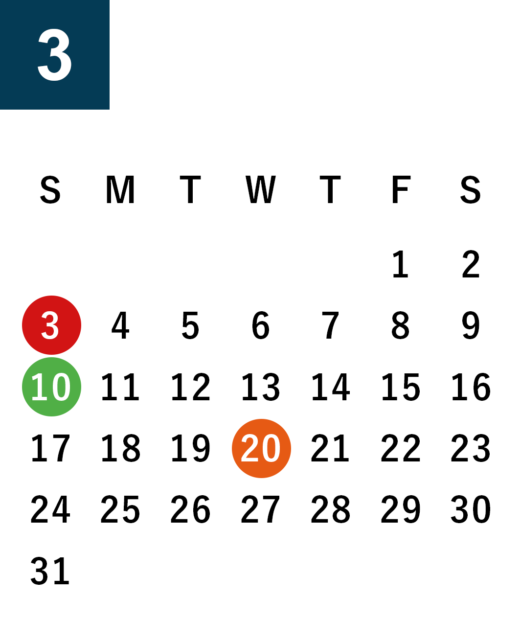 March 2019 Business day calendar