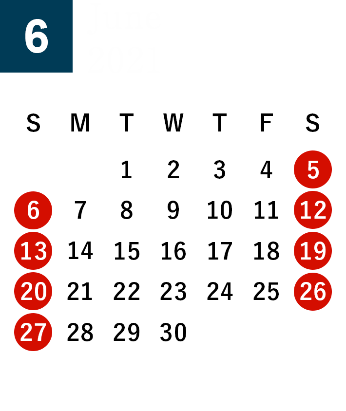 秋田酒蔵見学2021年6月営業日カレンダー